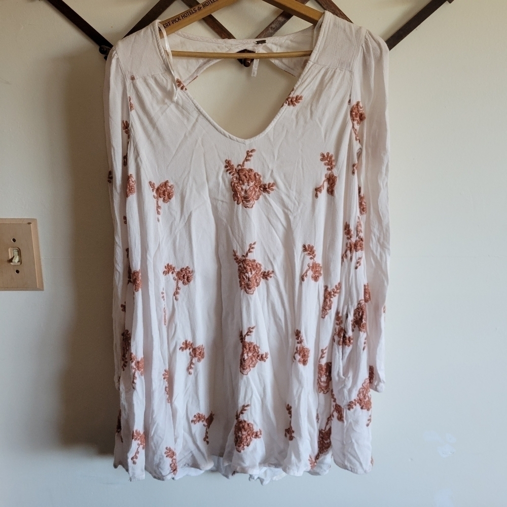 Free People Mini Dress Long Sleeve Embroidered Floral Rust White Small